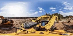 Yellow excavator on construction site with blue sky and scattered clouds for realistic scene lighting.