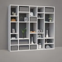 "White bookcase with various decorations such as books, vases, plants and picture frames. Rendered in high resolution Octane and created in Blender 3D. Perfect for adding elegance and storage to any living room or office space."