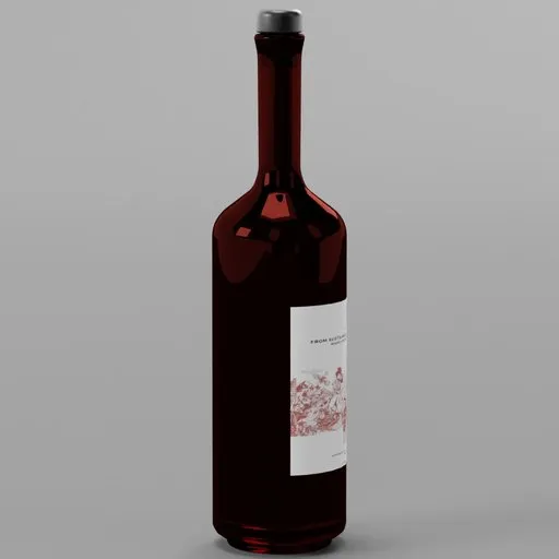 Realistic Blender 3D model of a red wine bottle with detailed label and cap, suitable for photorealistic rendering.