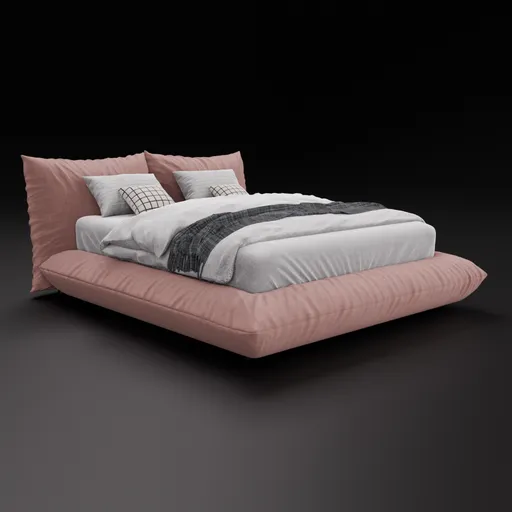 3D double bed model with soft upholstered design, showcasing comfort and volume, compatible with Blender 4.0+.