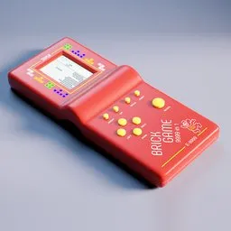 Detailed 3D model of a red vintage handheld console with realistic textures and wear, compatible with Blender.