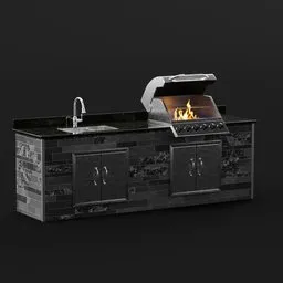"Grill Home - A stunning 3D model of an outdoor furniture piece for Blender 3D. Featuring a sleek, slim body and a kitchen with a grill, this dark-toned and gridless product view is perfect for enhancing your scene. Embellished with a metal body and inspired by artists like Tjalf Sparnaay and Zeus, the elegant amalgamation of embers makes it a captivating display item."