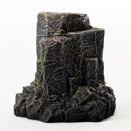 Realistic 3D cliff rock model with textured moss, optimized for Blender and game development, PBR, low-poly.