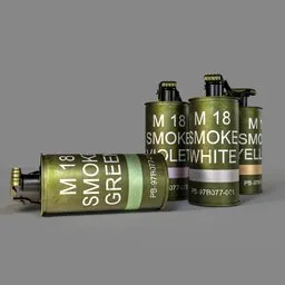 "Get realistic with the M 18 Smoke Grenade 3D model for Blender 3D. Perfect for sci-fi action games or cinematic scenes, this highly detailed olive green grenade features mottling coloring and white mist. Created by Adam Pijnacker and Grytė Pintukaitė, this color edition grenade includes labels and simple yet hyperrealistic details."
