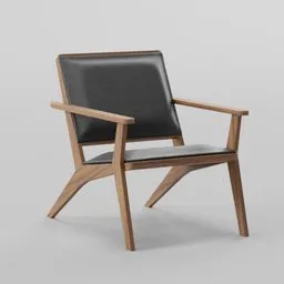 Realistic Blender 3D render of a mid-century modern chair with black upholstery and wooden frame.