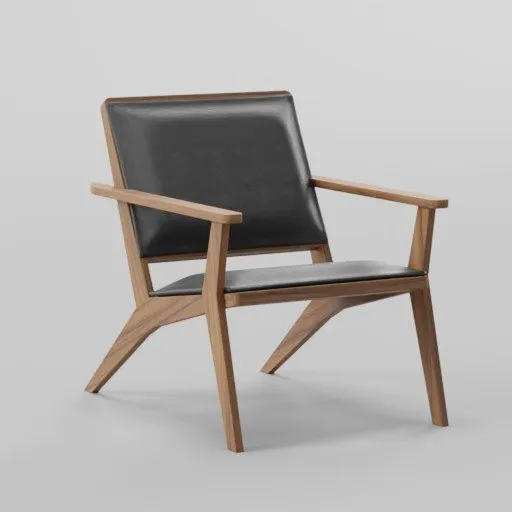 Realistic Blender 3D render of a mid-century modern chair with black upholstery and wooden frame.