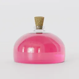 High-quality 3D render of a pink dome-shaped glass bottle with cork stopper for Blender modeling.