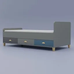 "Bed with 3 drawers from Nathat Furniture Family, a high-quality furniture set for Blender 3D. Inspired by Alfons Walde, this 3D model features a bed frame and two drawers with a pale cyan and grey fabric, and highly detailed schematics. Perfect for adding a touch of joytoy or ukiyo to your Blender 3D designs."