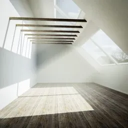 3D-rendered minimalist attic room with wooden floor, white walls, and sunlit staircase.