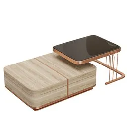 "Table 3D model for Blender 3D: A wooden stand with a cell phone and a wooden box, inspired by Lin Tinggui and featuring a serene bedroom setting, rose gold accents, and interconnections. This model is reminiscent of magazine illustrations and offers a stylish addition to your 3D designs."