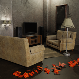 Detailed 3D horror scene with sofa, fallen leaves, and eerie lighting for Blender modeling.
