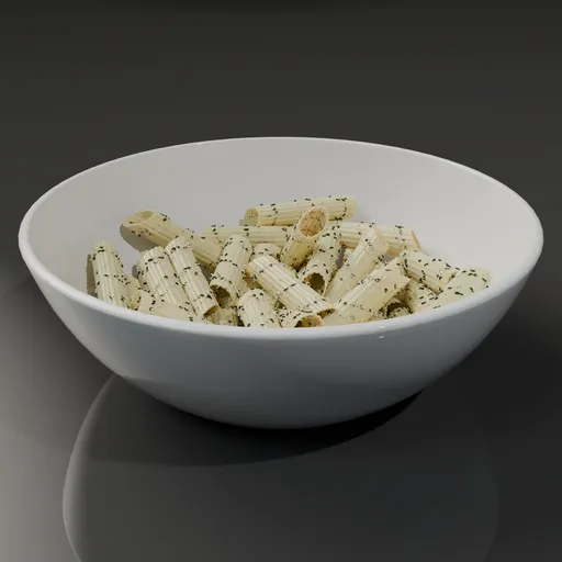 Realistic 3D Blender model of a bowl filled with seasoned rigatoni pasta, perfect for enhancing virtual interior designs.