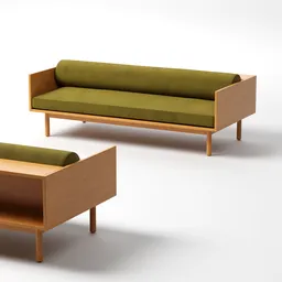 Modern green cushioned 3D sofa model with wooden frame and integrated shelf, available for Blender rendering.