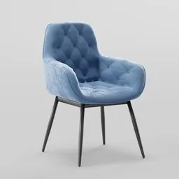 Blue velvet textured 3D model of dining chair with tufted backrest and metal legs for Blender rendering.