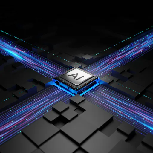 Detailed 3D-rendered sci-fi scene with AI CPU and vibrant energy pulse for creative tech visuals.