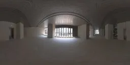 Industrial HDR of an aisle with large windows, high ceiling, and intricate wall texture for realistic scene lighting.