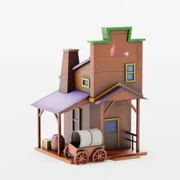 "Stylized pack of 10 Old West buildings for Blender 3D, including a small wooden structure with wagon, gradients, and paper decorations. Perfect for creating a wild west town scene. Model created by Yoshihiko Wada and rendered in Toon Boom with a Brawl Stars feel."