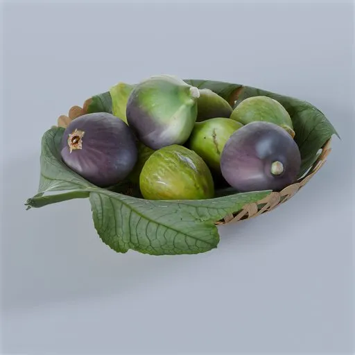 Highly detailed 3D wooden basket with ripe and fresh figs, surrounded by lush leaves, showcasing PBR textures perfect for Blender rendering.