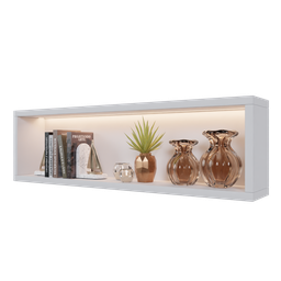 "Wall Niche 3D model for Blender 3D: Featuring three vases and a plant on a shelf with volumetric lighting, white plank siding and a rectangular frame border. Perfect for adding a stylish touch to your scene. Available in high-resolution 8k for vertical orientation."