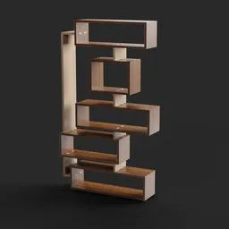 High-quality 3D render of a geometric-style wooden shelving unit suitable for interior design visualization in Blender 3D.