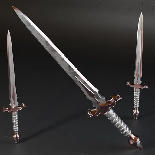 Detailed 3D model of metallic swords with low poly count and high-quality textures, suitable for Blender war game designs.