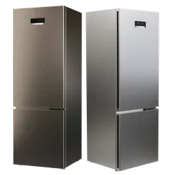 Detailed 3D Blender model of modern stainless steel refrigerator, with freezer, rendered in Cycles, available in .blend format.