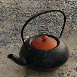 Detailed 3D render of a traditional Japanese-style cast iron teapot with a curved handle.