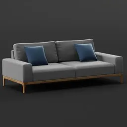 Detailed 3D model of a modern grey sofa with wooden legs and blue cushions, compatible with Blender.