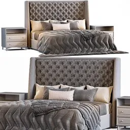 "RH Adler Lovely gray bed - High-end 3D model for Blender 3D. Features a textured base, headboard, and nightstand. Perfectly crafted with intricate details. Polys: 471,288, Verts: 467,692. Unwarp enabled."