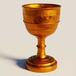 "Antique copper chalice for Blender 3D - with scratches and intricate design details, perfect for game and 3D renders. This 3D model showcases a golden cup on a pedestal, creating a stunning visual experience for your next project."