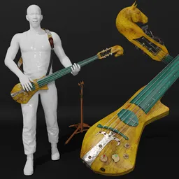 "Joboline-Bastian the bard's bass II, a double bass 3D model for Blender 3D. Featuring a horse head as a galleon figure and an additional horn for seated play. Comes with a tripod stand, cello bow, and special strap for horizontal playing."