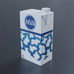 "Blender 3D model of a milk box with cap, featuring a distinctive blue and white pattern. This skeuomorphic drink container boasts perfect topology and a minimalistic design. Ideal for replacing packaging texture with ease, enhancing your Blender 3D projects."