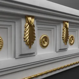 Detailed golden decorations on a 3D model cornice showcasing intricate molding and carving textures, ideal for Blender 3D projects.
