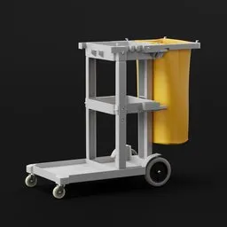 Detailed Blender 3D rendering of a janitorial cart with wheels and storage shelves.