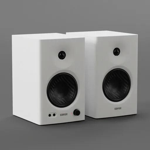 Detailed 3D render of white studio monitor speakers optimized for Blender users looking for realistic audio equipment models.