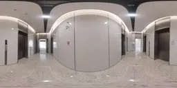 360-degree HDR image featuring the interior of an elevator lobby with marble floor and modern lighting for scene illumination.