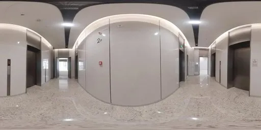 360-degree HDR image featuring the interior of an elevator lobby with marble floor and modern lighting for scene illumination.