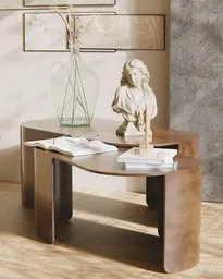 High-quality Blender 3D render of a modern curved nesting coffee table set in a contemporary room.