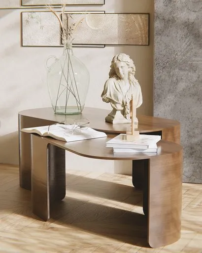 High-quality Blender 3D render of a modern curved nesting coffee table set in a contemporary room.