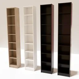 Ikea Billy 3D model bookshelves in four colors for Blender, optimized for architectural visualization.