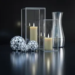 High-quality 3D model featuring candles in holders with decorative vase and spheres on reflective surface, ideal for Blender rendering.