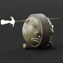 Detailed 3D model of a spherical tank with turret and flame, 4K textures, rendering and VR/AR ready.