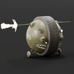 Detailed 3D model of a spherical tank with turret and flame, 4K textures, rendering and VR/AR ready.