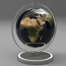 "Futuristic Levitating Earth Globe 3D model created in Blender 3D. This stunning model features a captivating aerial view of the Earth globe, with a stylish stand and a white base. Perfect for adding a touch of futurism to your projects and designs."