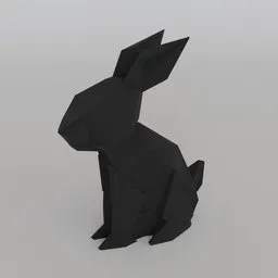 "21cm tall black polygon rabbit sculpture with low-poly design, created in Blender 3D. Inspired by blacksmith product design and Raymond Coxon, perfect for design avatars and 3D printing. Stylish home decoration and collectible inspired by origami. "
