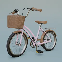 "Highly detailed pink city bicycle 3D model with basket, created in Blender 3D by Gregory Gillespie and available on Gumroad. Featuring a white soft leather seat and smooth shading techniques for a new realism look."