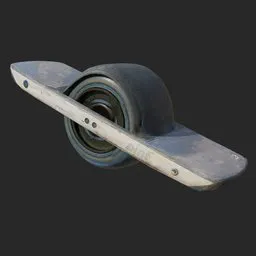Realistic Blender 3D model of a worn, single-wheel electric skateboard, suitable for extreme sports simulations.