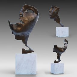 "Abstract bronze sculpture of a surrealistic woman's head on a pedestal, created with Blender 3D software. Stylized folds and broken pieces add to the dynamic aesthetic. Viewable from a third-person perspective and featuring a patina finish. "