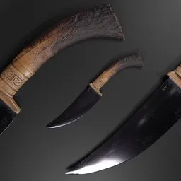 Detailed historical knife 3D model with wood and steel textures, low-poly Blender render with high-res 8k map.