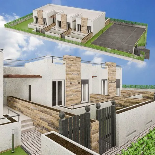 Detailed 3D model render of a modern single-storey cottage with parking space and landscaping areas, designed for a lush garden.